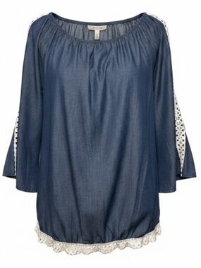 NWT J & M Blue Denim Bell Sleeve Top Crochet Sleeve Boho Top size Small